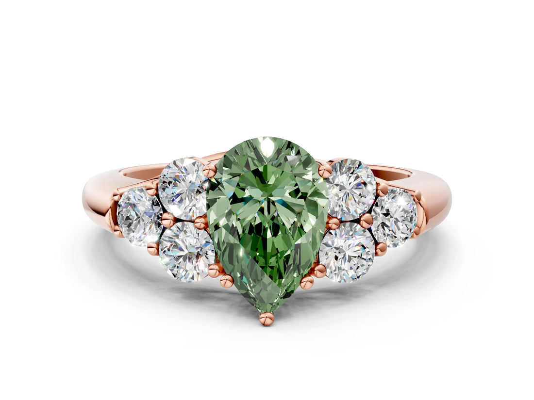 Rose gold Fancy Green Pear  Cut Diamond Cluster Ring with Round Accent Stones and Prong Setting on a Classic Band_52