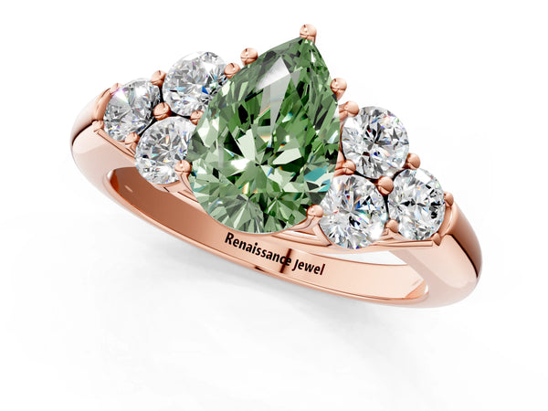 Rose gold Fancy Green Pear  Cut Diamond Cluster Ring with Round Accent Stones and Prong Setting on a Classic Band
