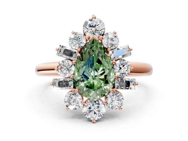 Rose gold Fancy Green Pear Cut Diamond Cluster Ring with Round and Baguette Stones, Split Shank Band, Prong Setting
