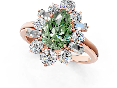 Rose gold Fancy Green Pear Cut Diamond Cluster Ring with Round and Baguette Stones, Split Shank Band, Prong Setting_1