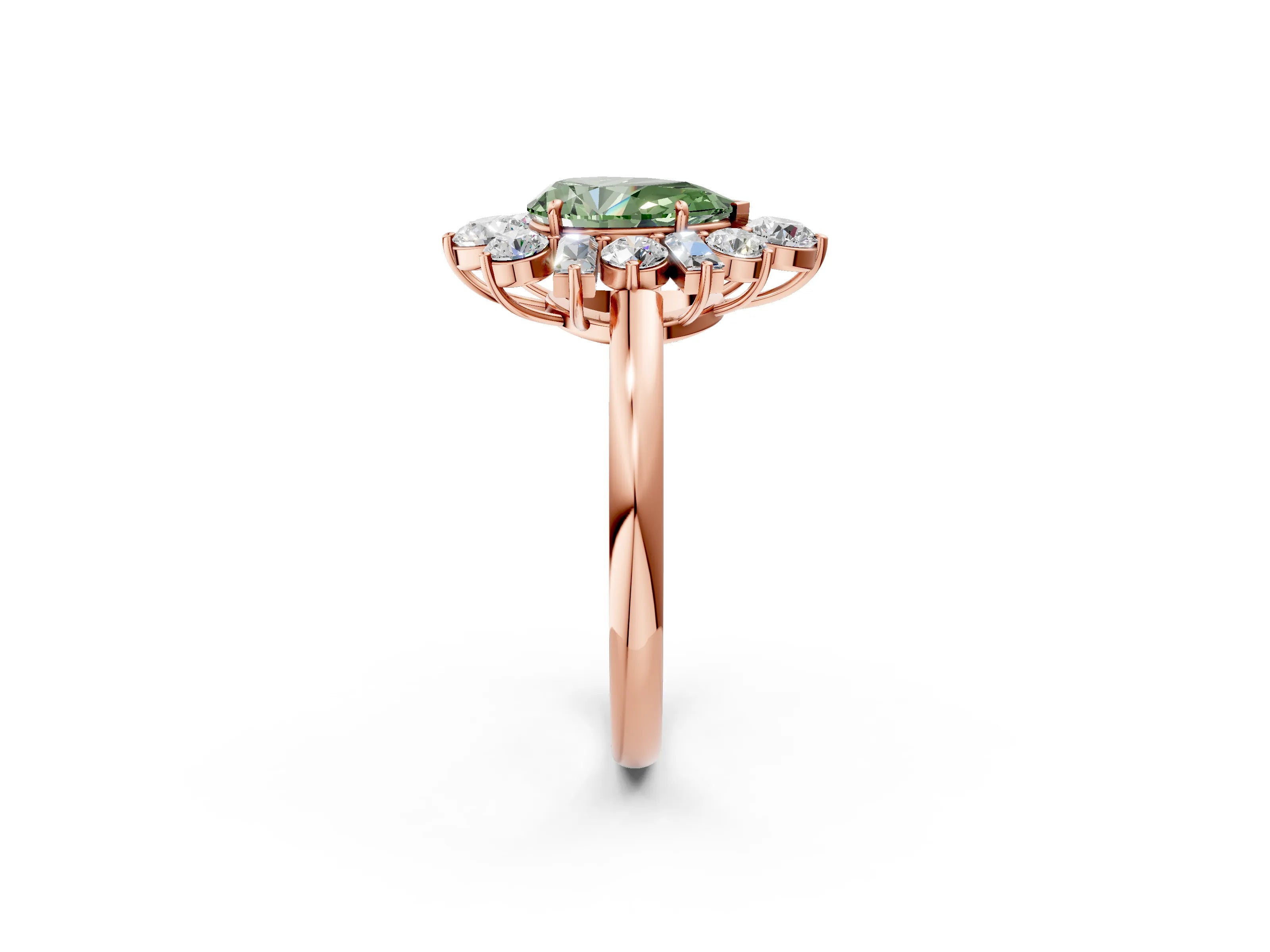 Rose gold Fancy Green Pear Cut Diamond Cluster Ring with Round and Baguette Stones, Split Shank Band, Prong Setting_2