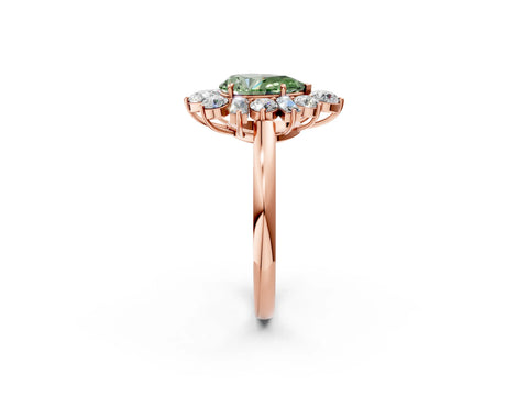 Rose gold Fancy Green Pear Cut Diamond Cluster Ring with Round and Baguette Stones, Split Shank Band, Prong Setting_2