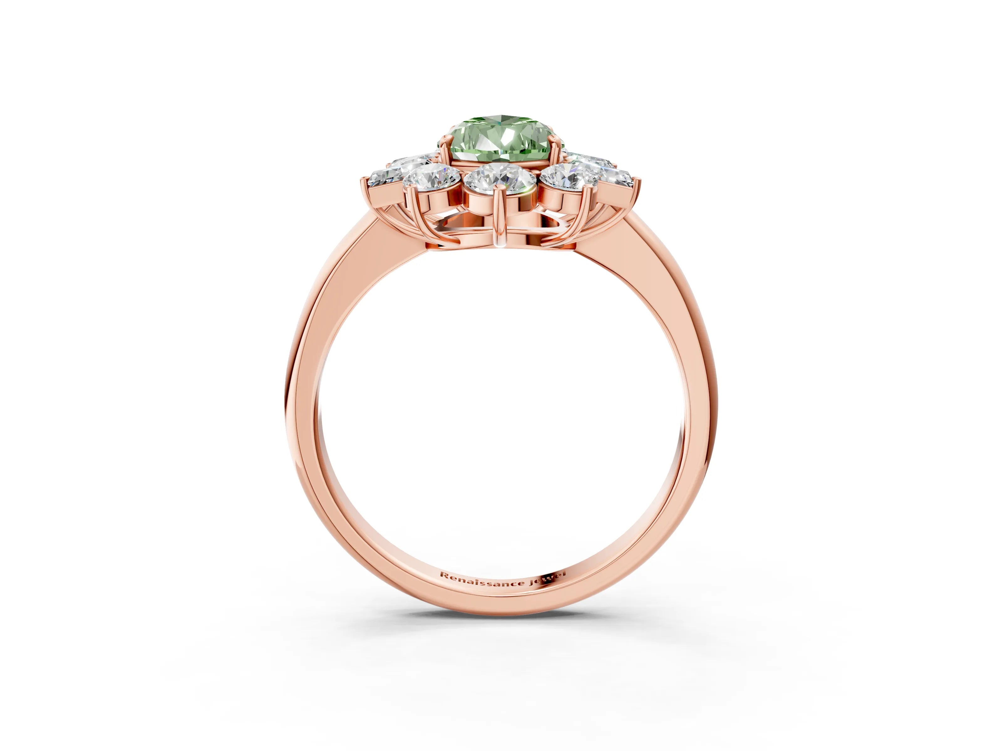 Rose gold Fancy Green Pear Cut Diamond Cluster Ring with Round and Baguette Stones, Split Shank Band, Prong Setting_3