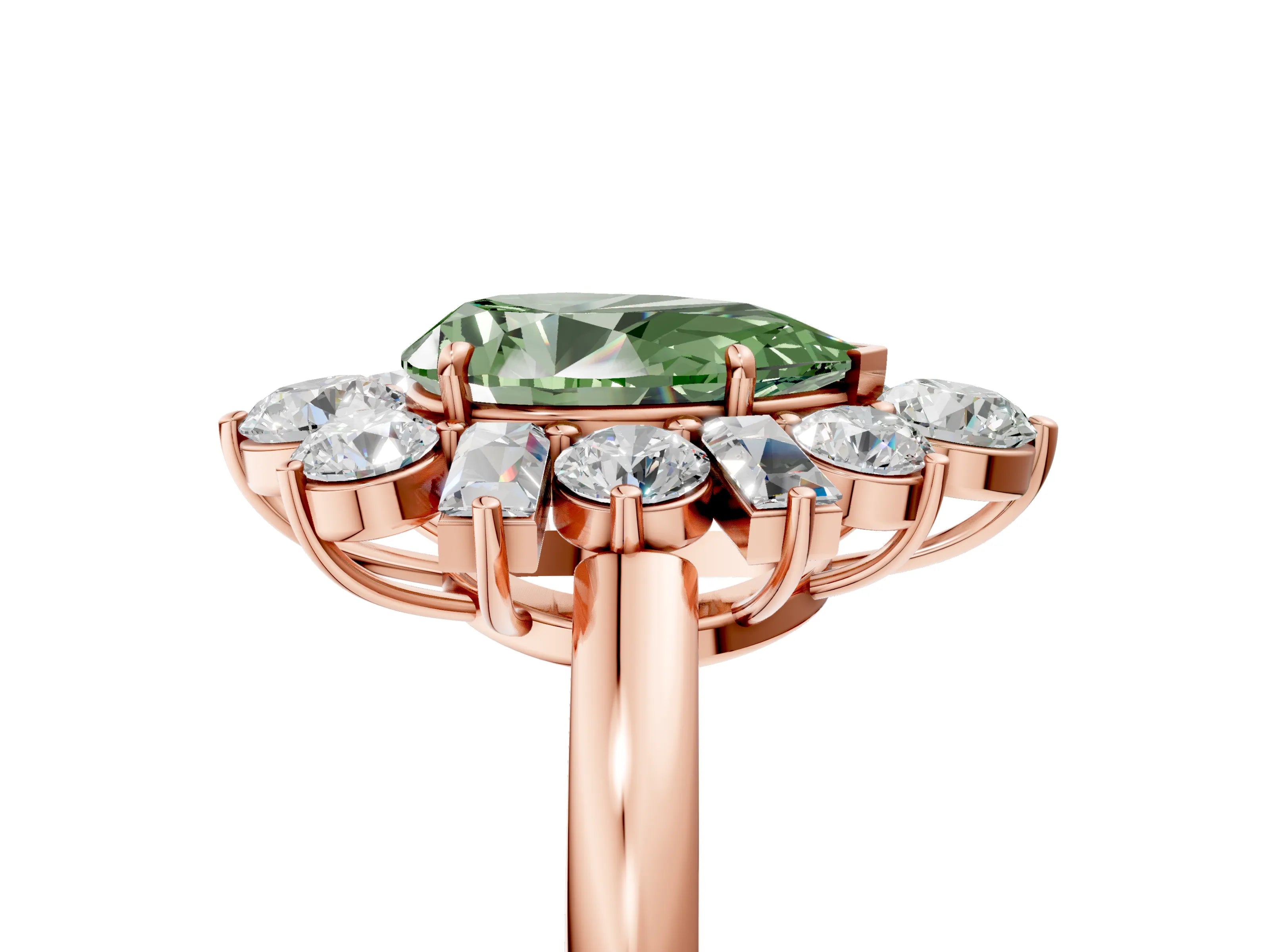 Rose gold Fancy Green Pear Cut Diamond Cluster Ring with Round and Baguette Stones, Split Shank Band, Prong Setting_5