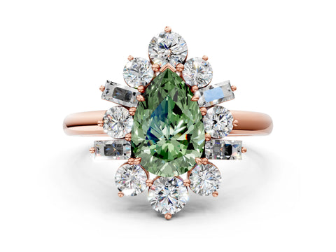 Rose gold Fancy Green Pear Cut Diamond Cluster Ring with Round and Baguette Stones, Split Shank Band, Prong Setting