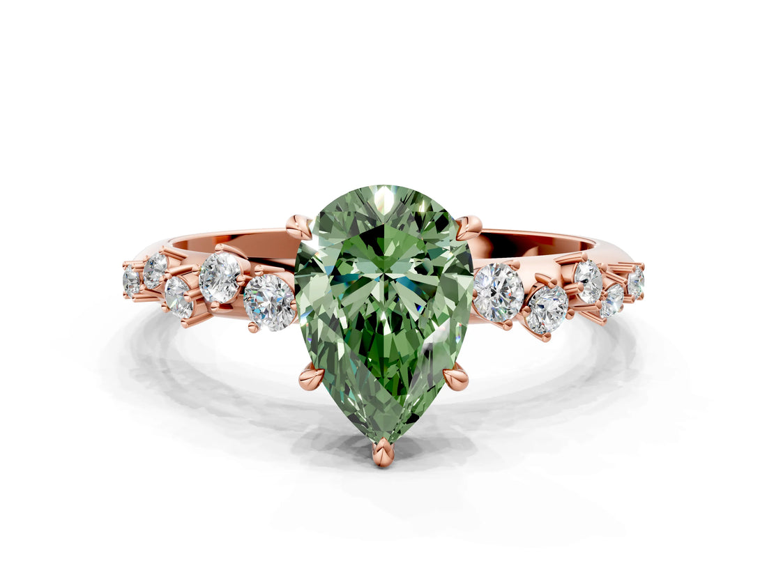 Rose gold Fancy Green Pear Cut Diamond Cluster Side Stone Solitaire Ring with Prong Setting_70