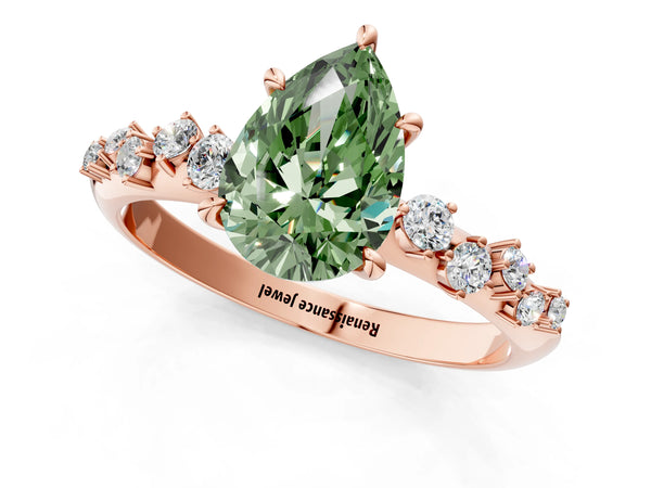 Rose Gold Pear-Shaped Graduated Cluster Engagement Ring Setting for Fancy Green Center