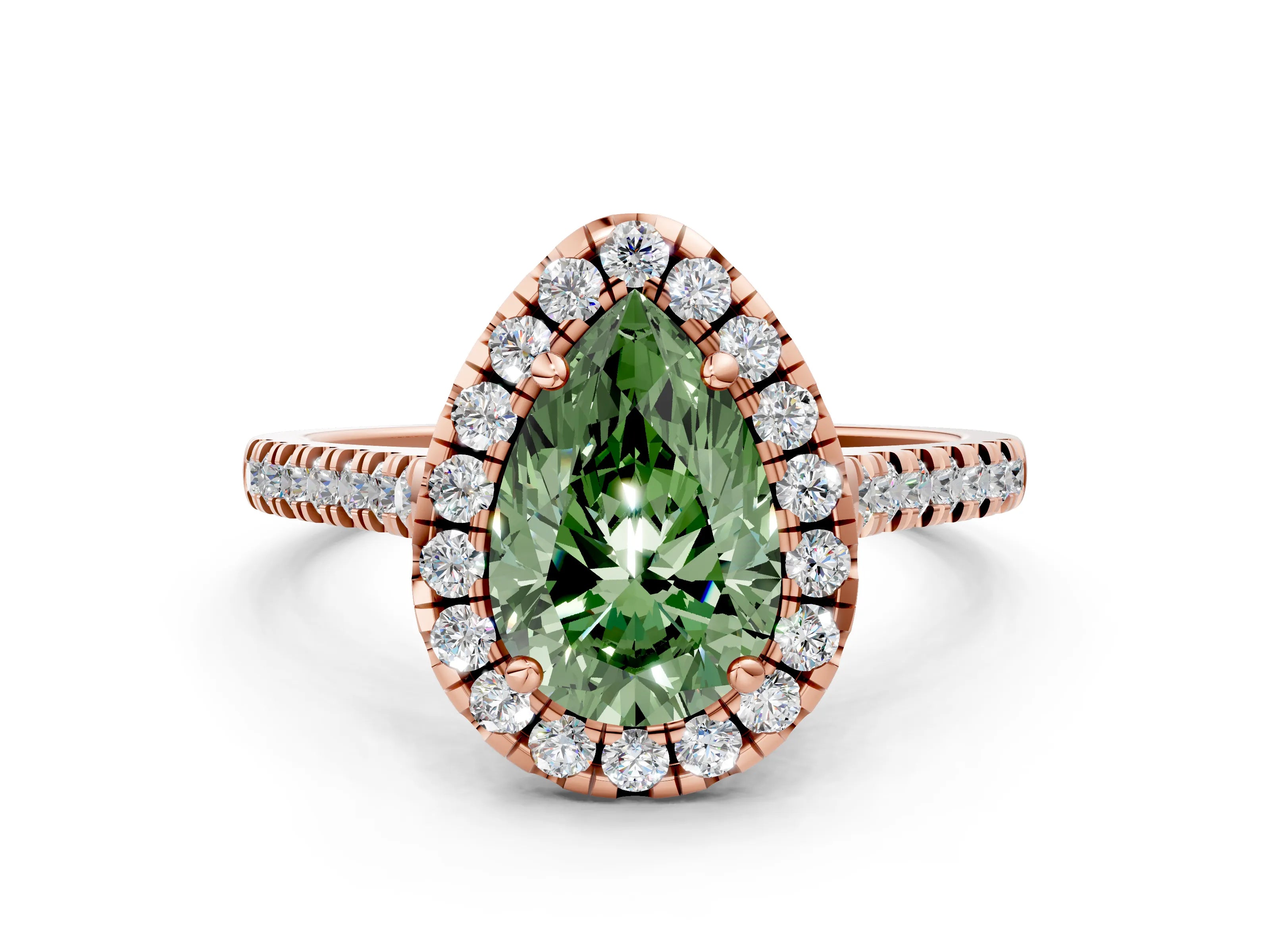 Rose gold Fancy Green Pear Cut Diamond Cushion Halo Ring with Pavé Band