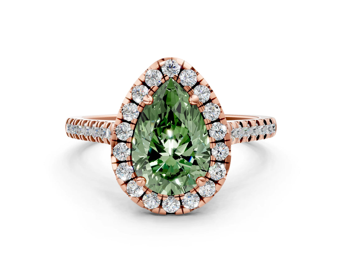 Rose gold Fancy Green Pear Cut Diamond Cushion Halo Ring with Pavé Band