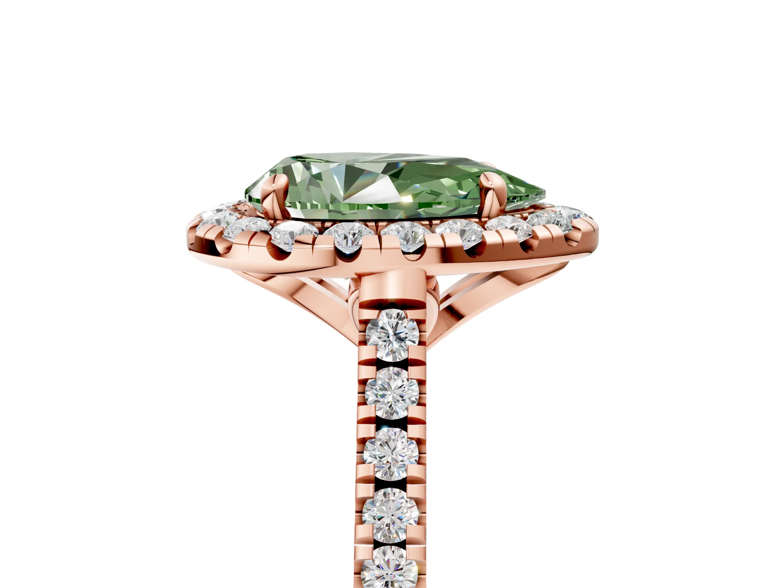 Rose gold Fancy Green Pear Cut Diamond Cushion Halo Ring with Pavé Band_5