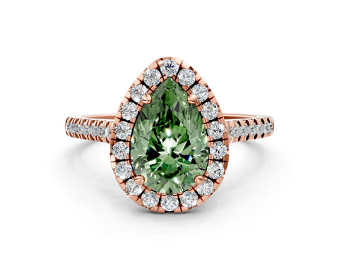 Rose gold Fancy Green Pear Cut Diamond Cushion Halo Ring with Pavé Band
