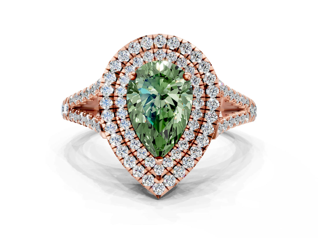 Rose gold Fancy Green Pear Cut Diamond Double Halo Ring with Pavé Band and Prong Setting_110