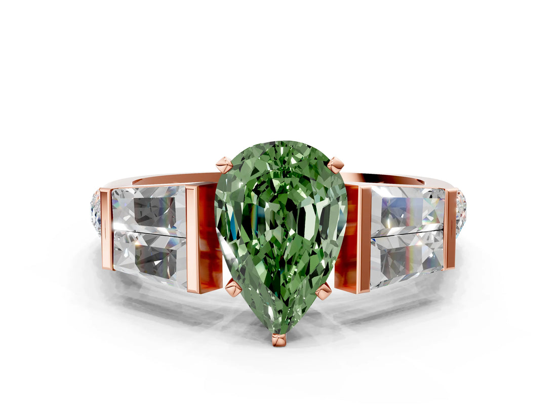 Rose gold Fancy Green Pear Cut Diamond Engagement Ring with Baguette Side Stones and Channel Set Band_20