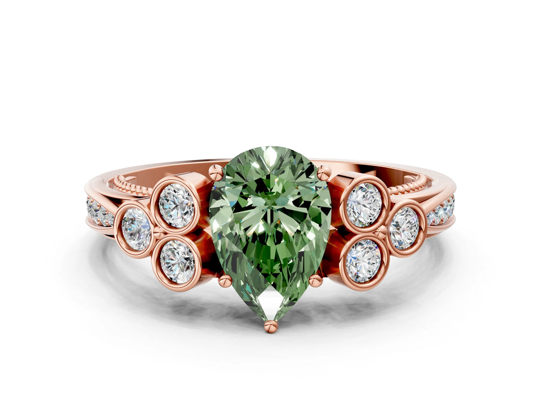 Rose gold Fancy Green Pear  Cut Diamond Engagement Ring with Bezel Set Round Side Stones and Prong Setting_49