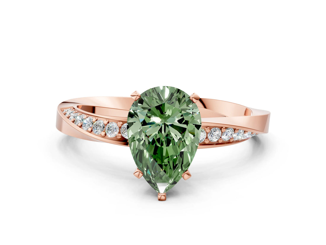 Rose gold Fancy Green Pear Cut Diamond Engagement Ring with Side Stone Accents and Four-Prong Setting_12