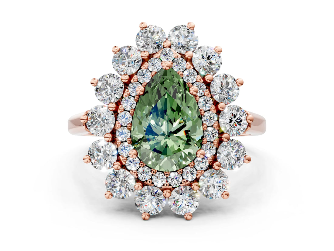 Rose gold Fancy Green Pear Cut Diamond Floral Double Halo Engagement Ring with Prong Setting_25