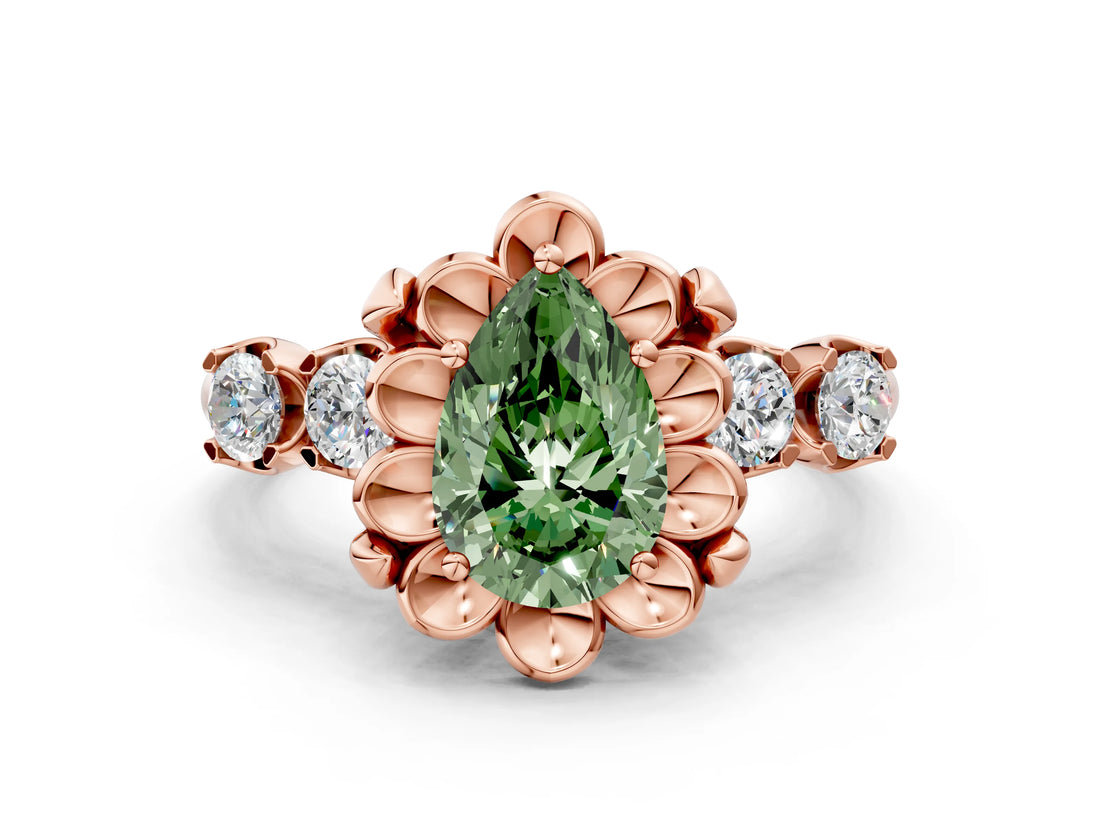 Rose gold Fancy Green Pear  Cut Diamond Floral Halo Engagement Ring with Shared Prong Setting 1