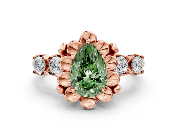 Rose gold Fancy Green Pear  Cut Diamond Floral Halo Engagement Ring with Shared Prong Setting