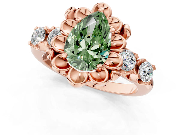 Rose gold Fancy Green Pear  Cut Diamond Floral Halo Engagement Ring with Shared Prong Setting