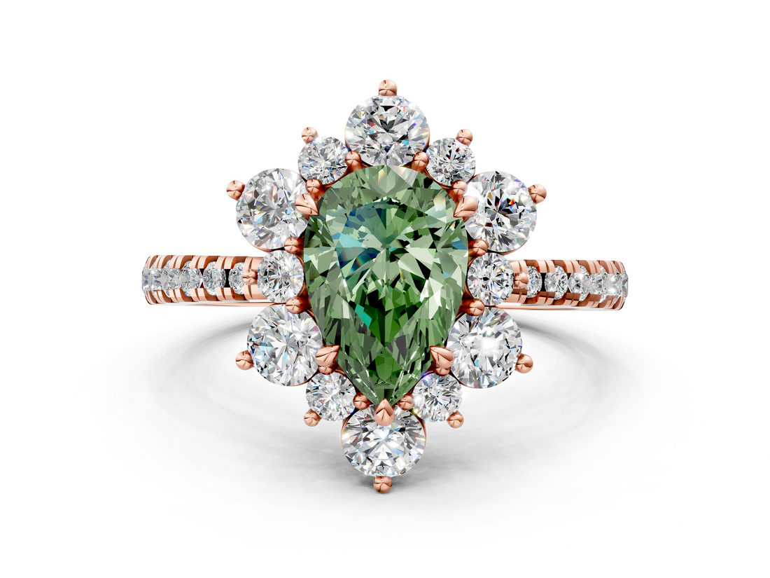 Rose gold Fancy Green Pear  Cut Diamond Floral Halo Pave Band with Prong Setting_37