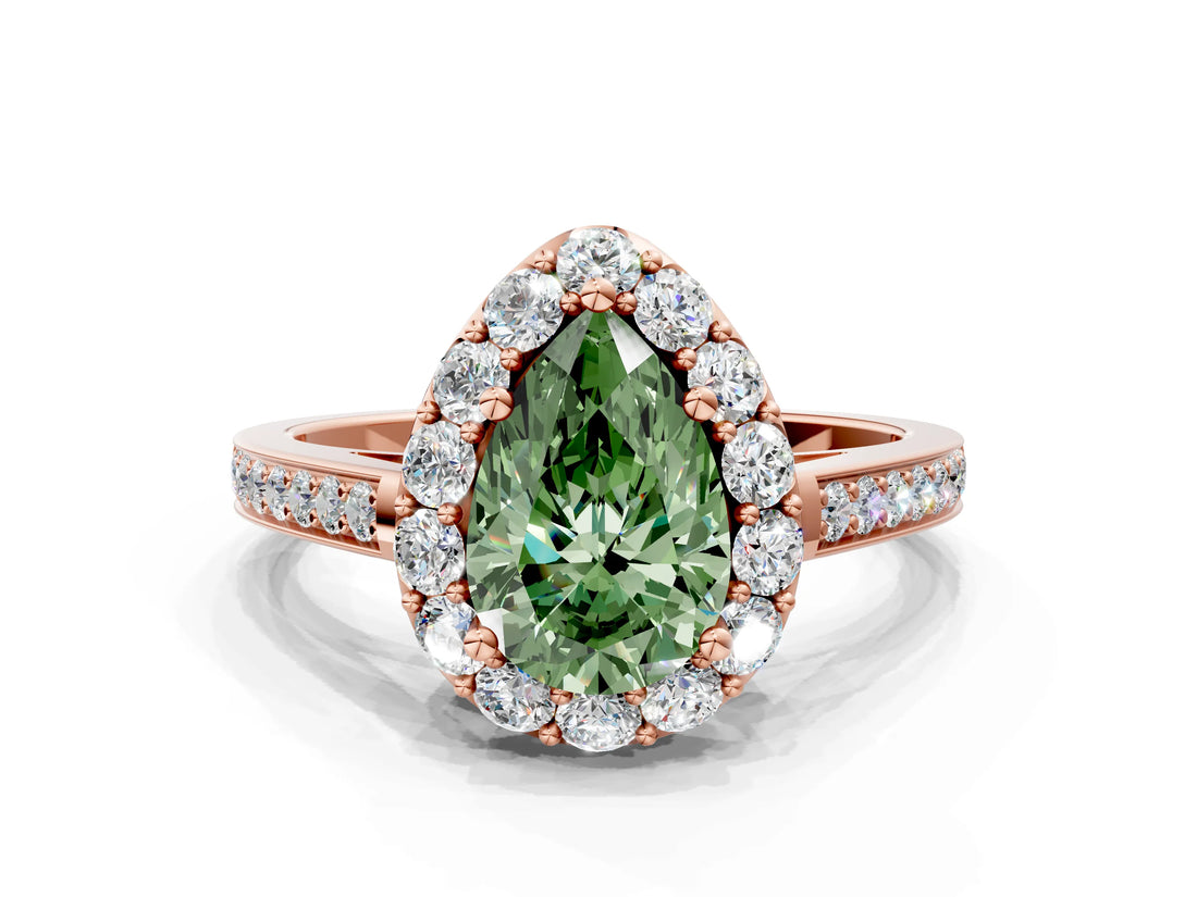 Rose gold Fancy Green Pear Cut Diamond Floral Halo Ring with Pavé Band and Prong Setting_3