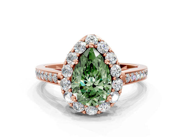Rose gold Fancy Green Pear Cut Diamond Floral Halo Ring with Pavé Band and Prong Setting