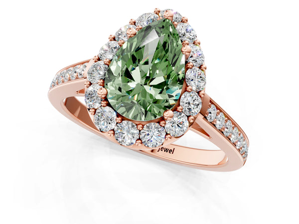 Rose gold Fancy Green Pear Cut Diamond Floral Halo Ring with Pavé Band and Prong Setting