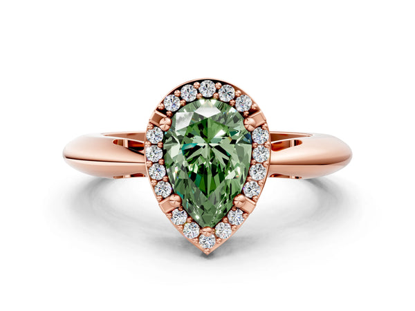 Rose gold Fancy Green Pear  Cut Diamond Halo Engagement Ring with Split Shank and Four-Prong Setting