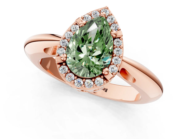 Rose gold Fancy Green Pear  Cut Diamond Halo Engagement Ring with Split Shank and Four-Prong Setting