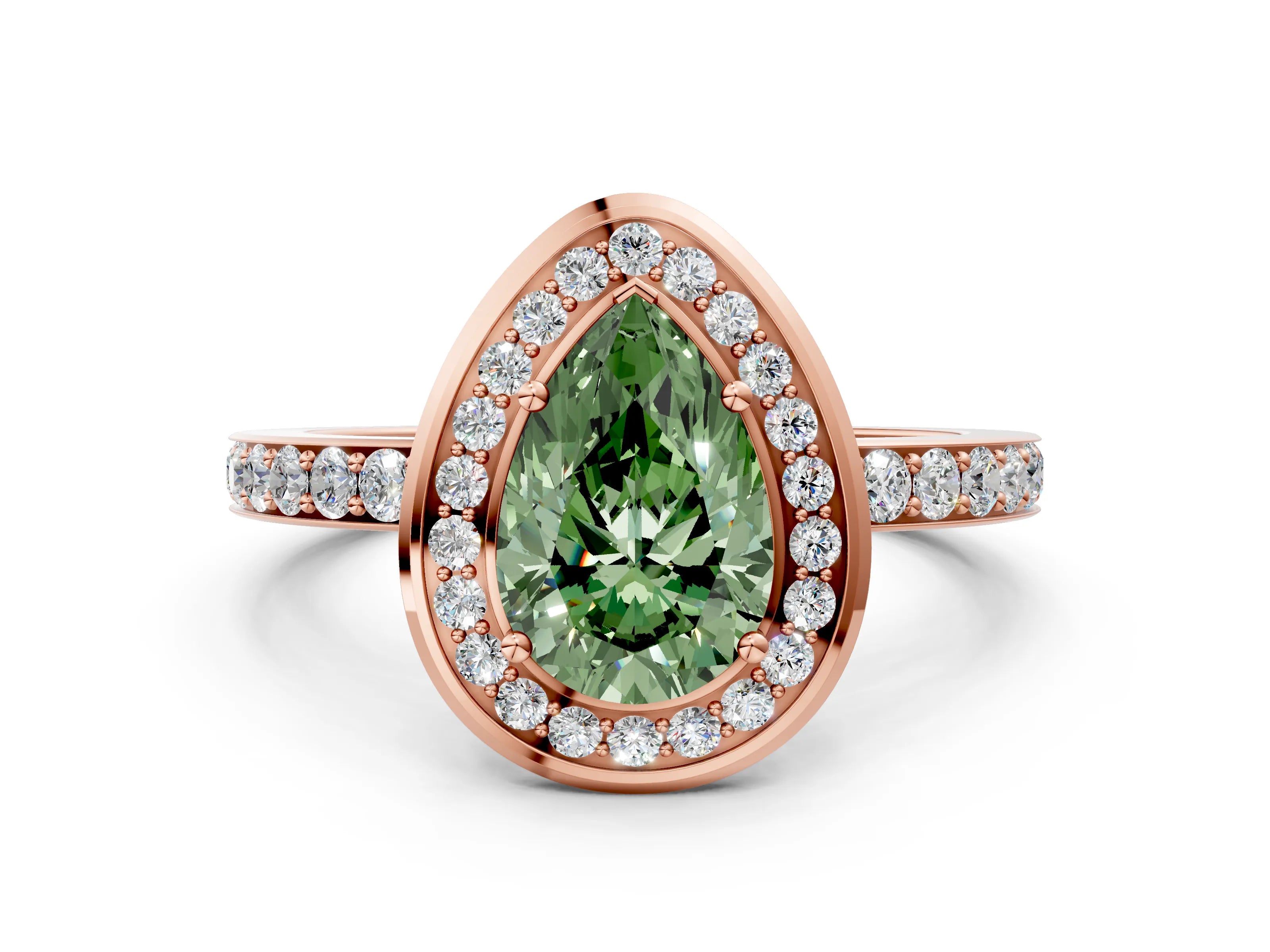 Rose gold Fancy Green Pear Cut Diamond Halo Ring with Bezel Frame and Pavé Band