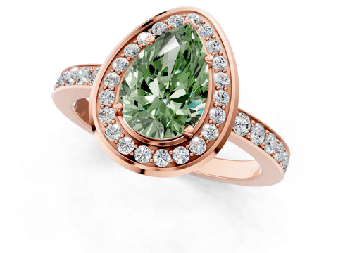 Rose gold Fancy Green Pear Cut Diamond Halo Ring with Bezel Frame and Pavé Band_1