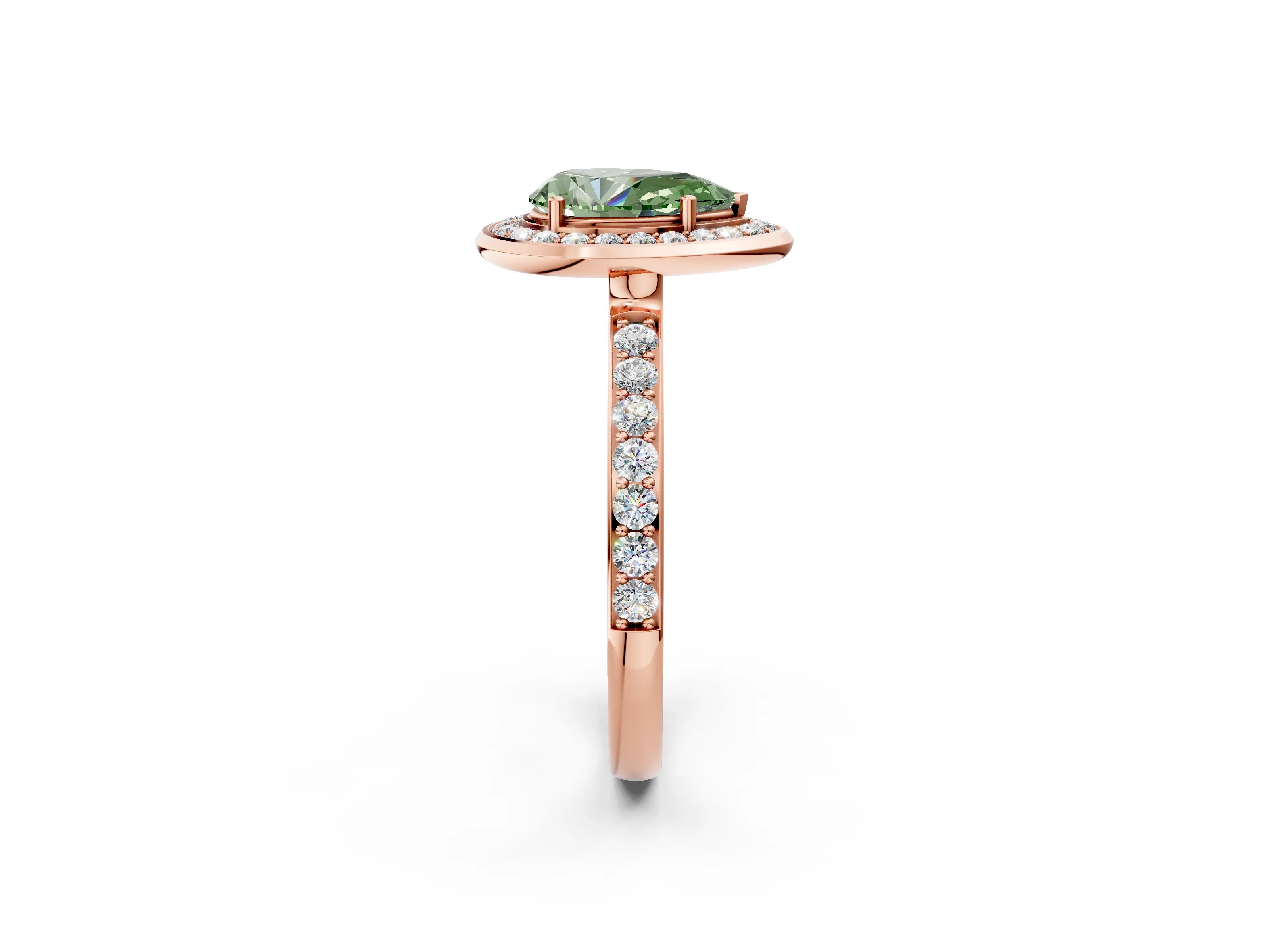 Rose gold Fancy Green Pear Cut Diamond Halo Ring with Bezel Frame and Pavé Band_2