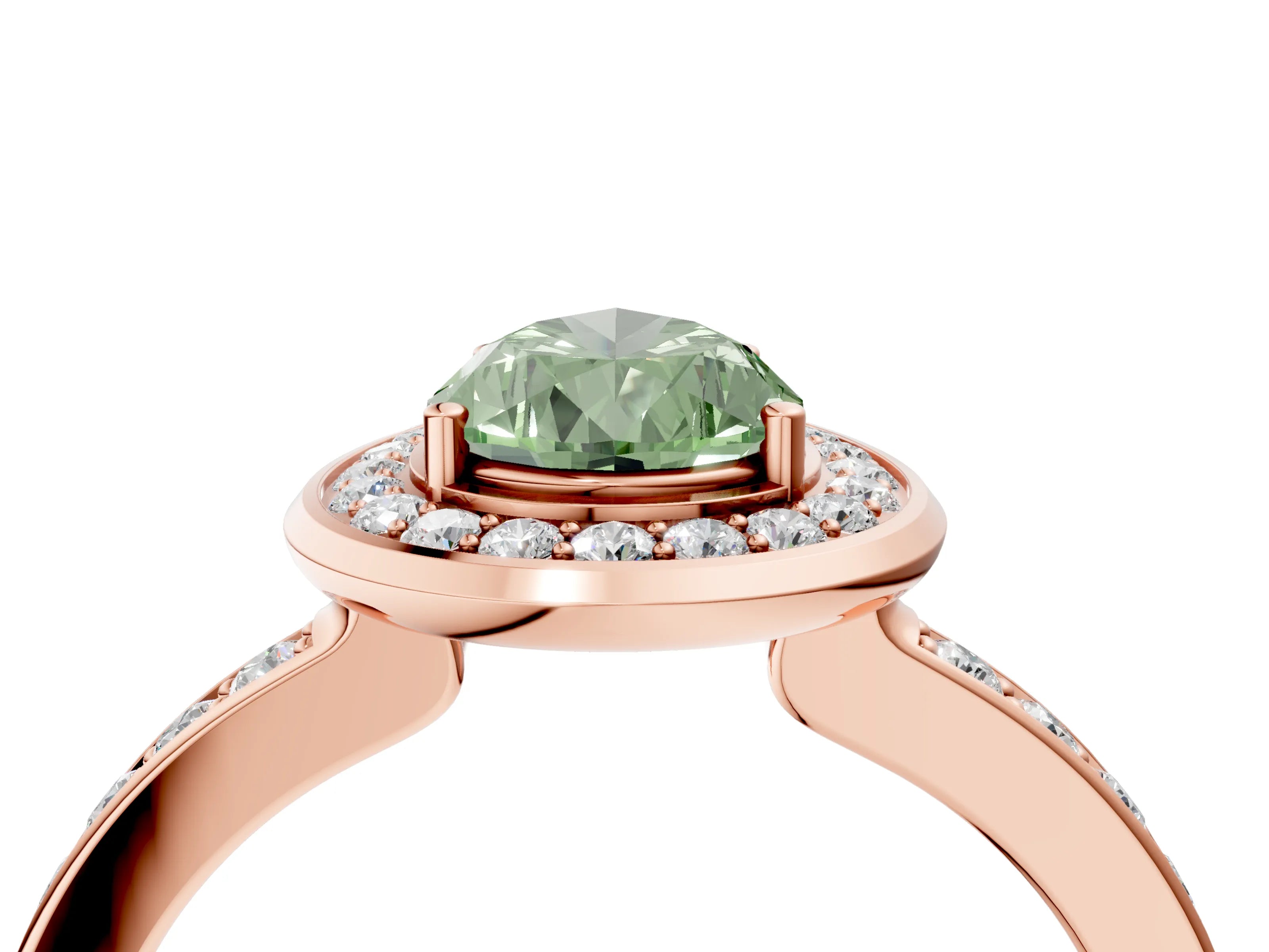 Rose gold Fancy Green Pear Cut Diamond Halo Ring with Bezel Frame and Pavé Band_4