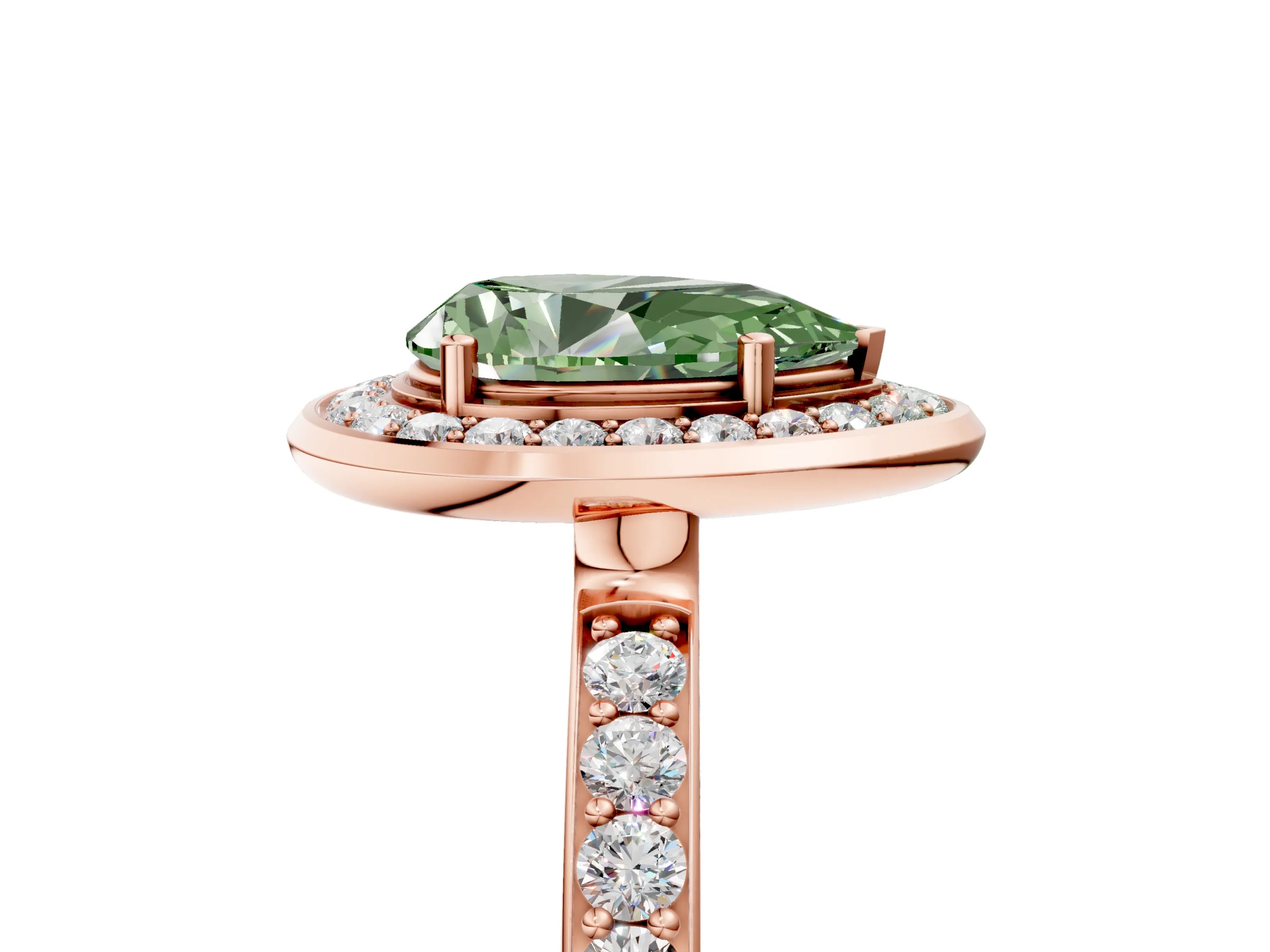 Rose gold Fancy Green Pear Cut Diamond Halo Ring with Bezel Frame and Pavé Band_5