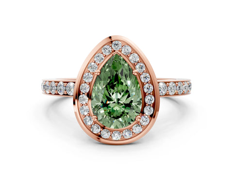 Rose gold Fancy Green Pear Cut Diamond Halo Ring with Bezel Frame and Pavé Band