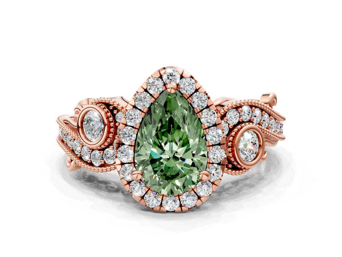 Rose gold Fancy Green Pear Cut Diamond Halo Ring with Milgrain Pavé Band and Four-Prong Setting_53