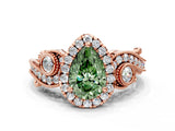 Rose gold Fancy Green Pear Cut Diamond Halo Ring with Milgrain Pavé Band and Four-Prong Setting_53