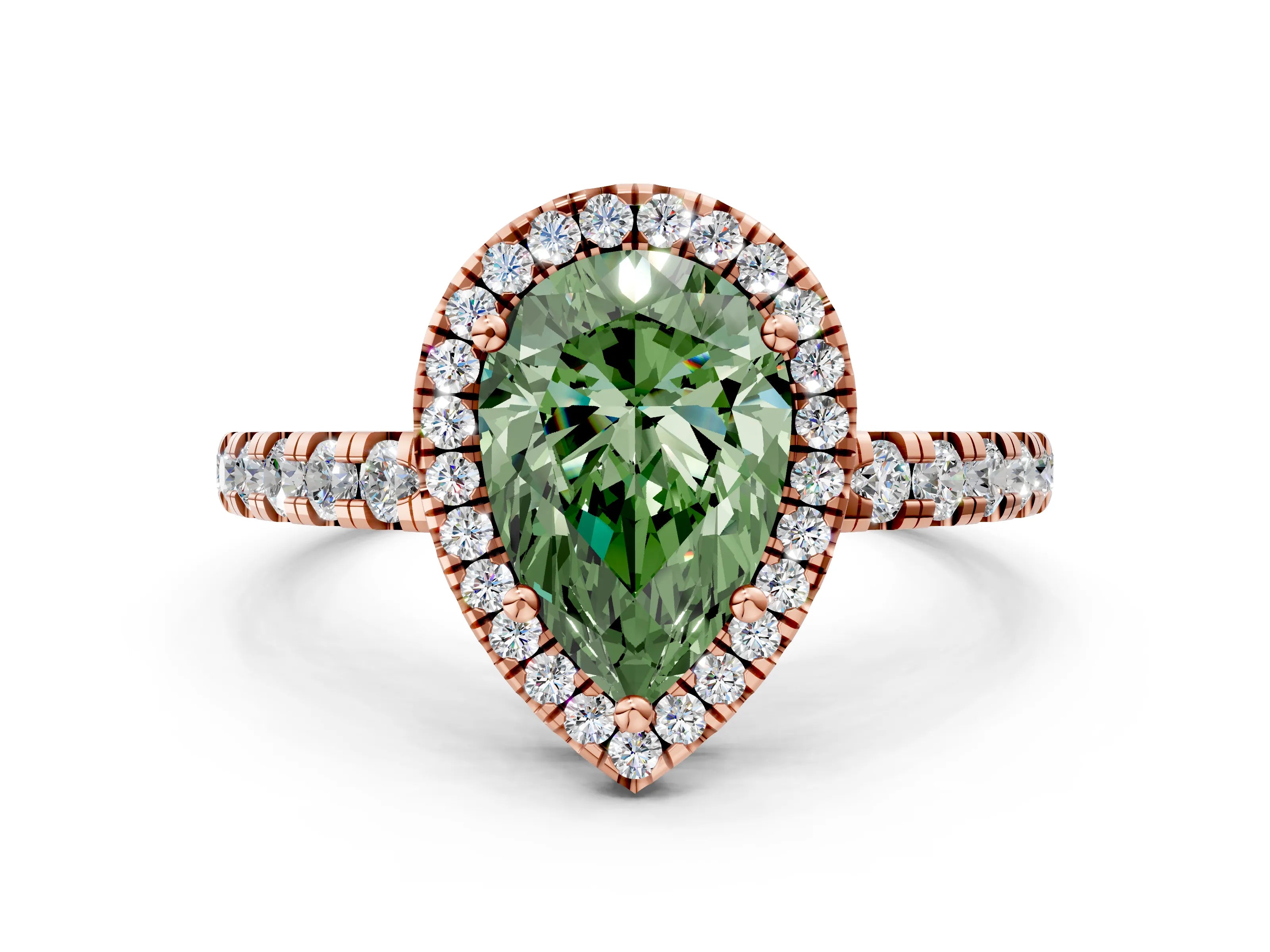 Rose gold Fancy Green Pear Cut Diamond Halo Ring with Pavé Band and Four-Prong Setting