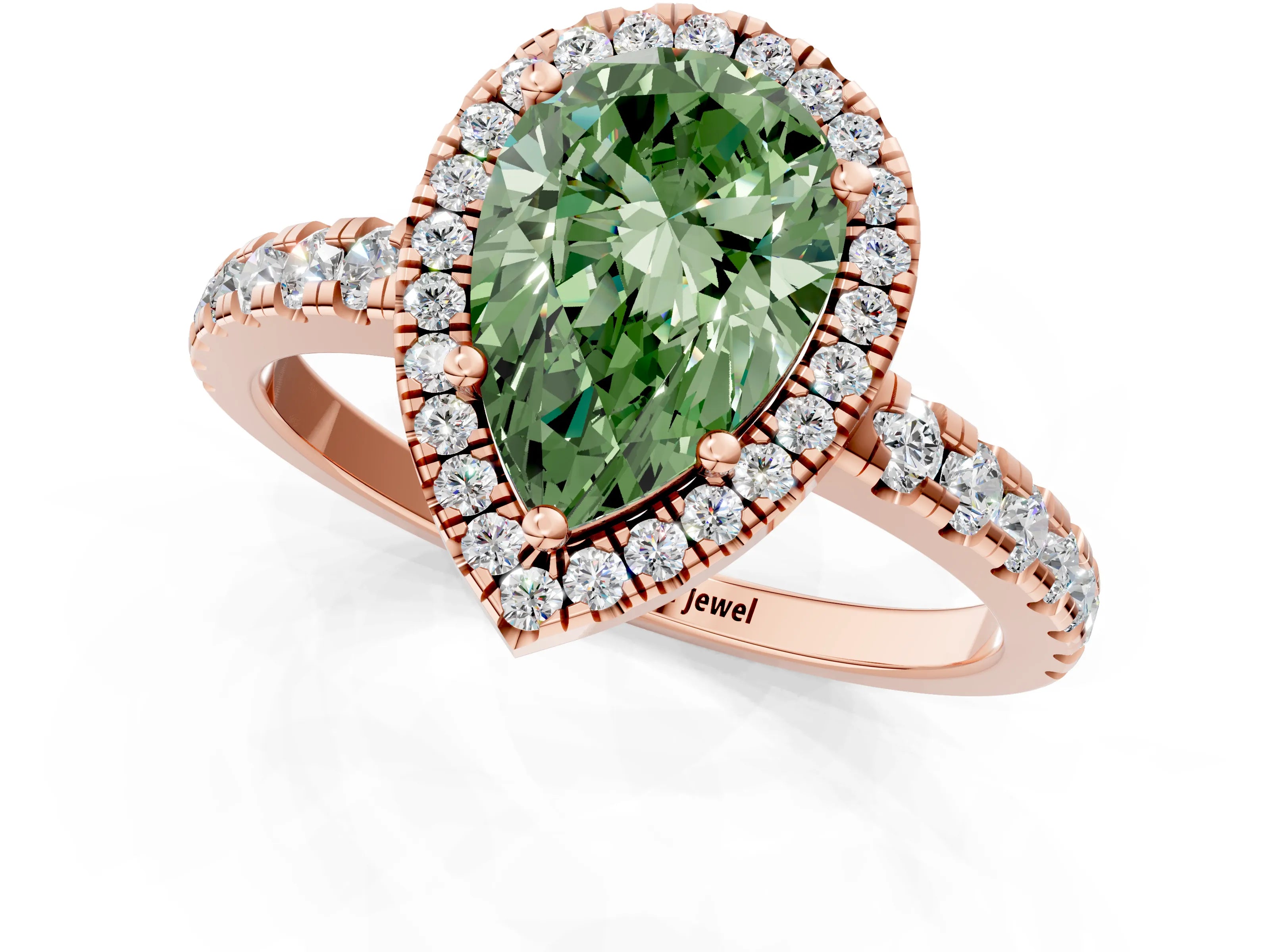 Rose gold Fancy Green Pear Cut Diamond Halo Ring with Pavé Band and Four-Prong Setting_1