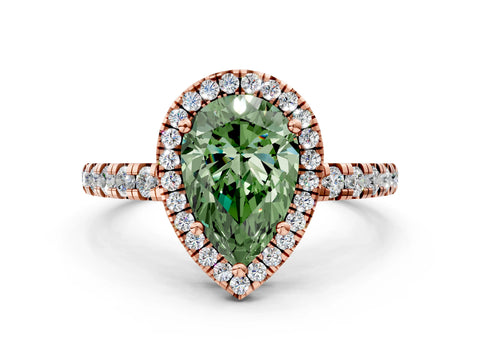 Rose gold Fancy Green Pear Cut Diamond Halo Ring with Pavé Band and Four-Prong Setting