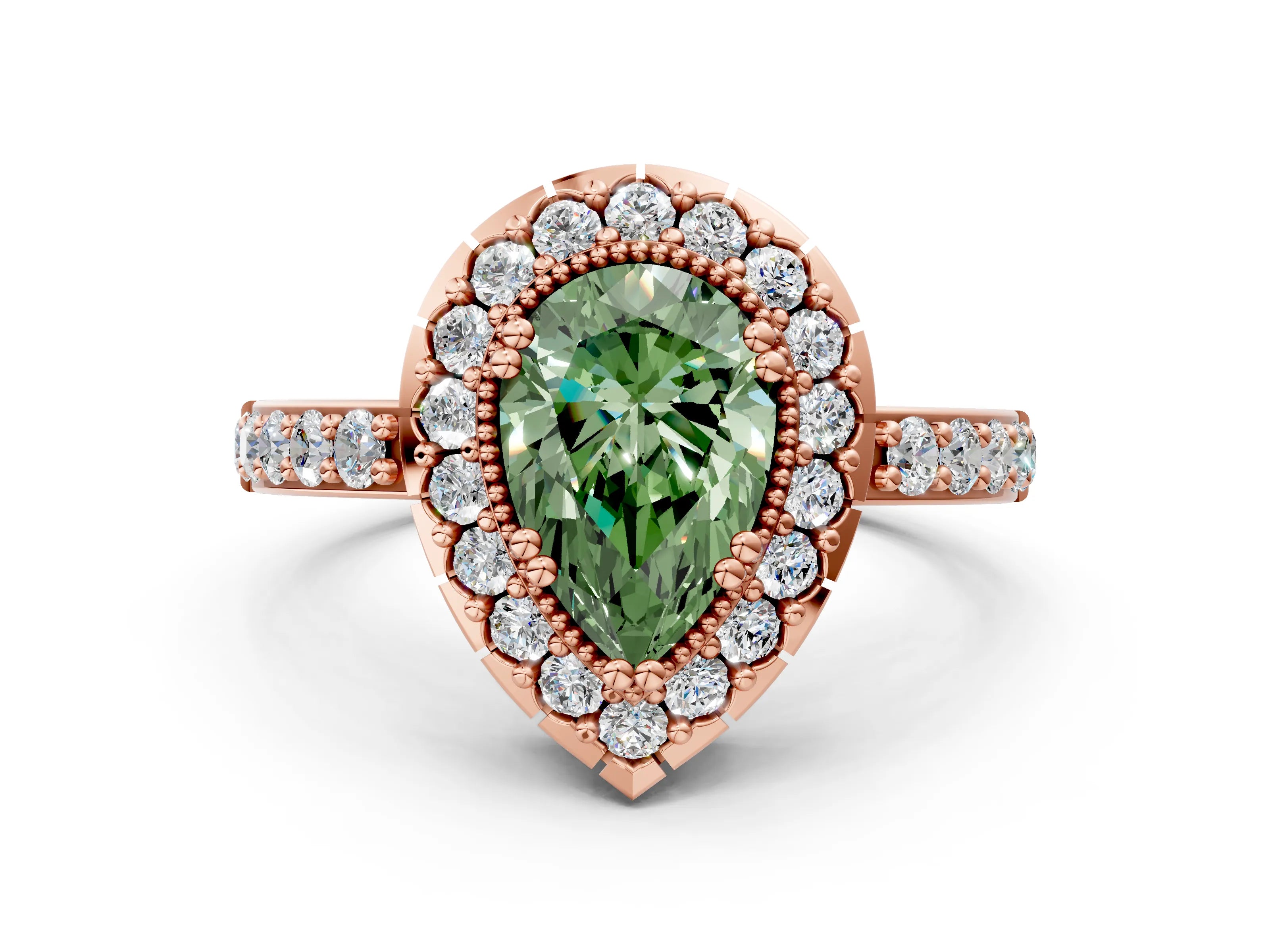Rose gold Fancy Green Pear Cut Diamond Halo Ring with Pavé Band and Prong Setting