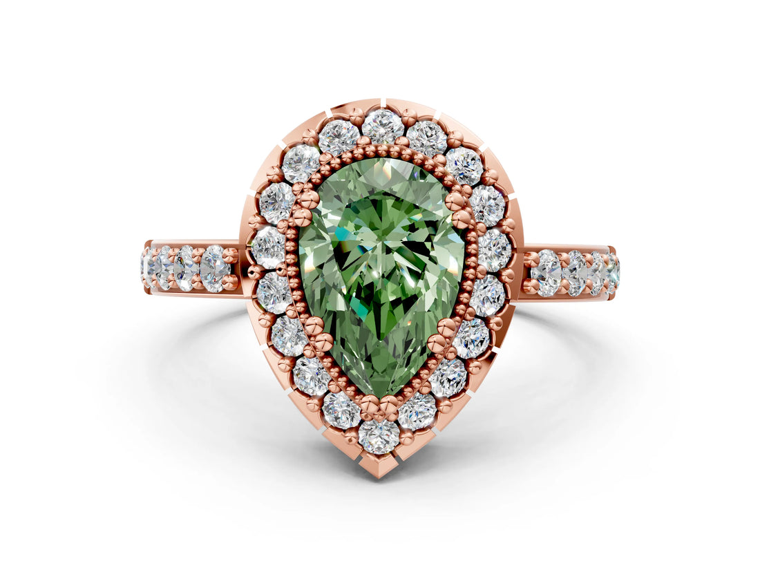 Rose gold Fancy Green Pear Cut Diamond Halo Ring with Pavé Band and Prong Setting