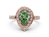 Rose gold Fancy Green Pear Cut Diamond Halo Ring with Pavé Band and Prong Setting