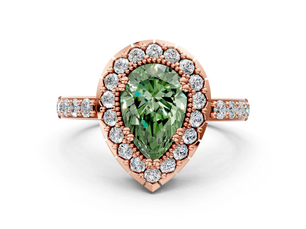 Rose gold Fancy Green Pear Cut Diamond Halo Ring with Pavé Band and Prong Setting