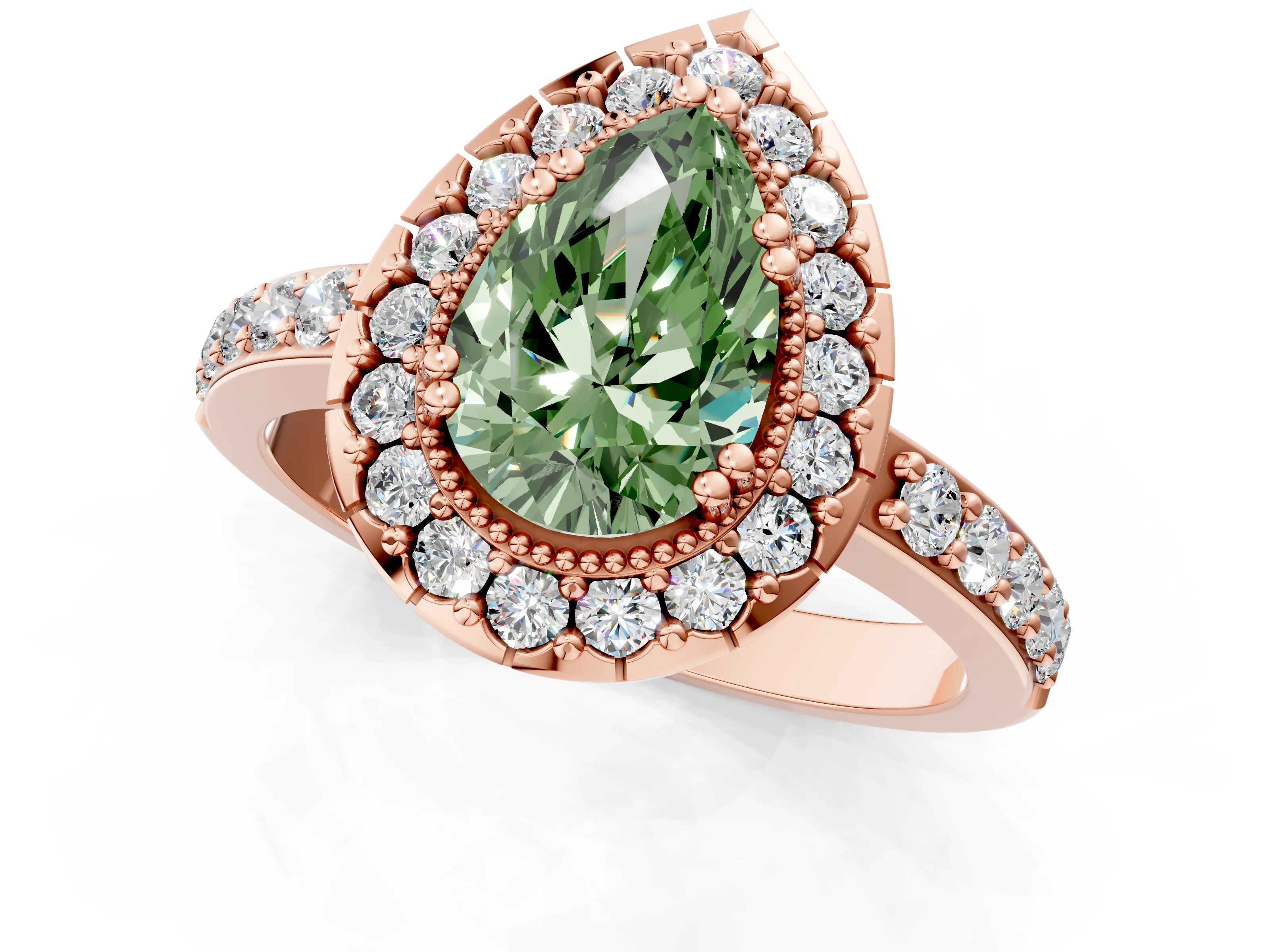 Rose gold Fancy Green Pear Cut Diamond Halo Ring with Pavé Band and Prong Setting_1