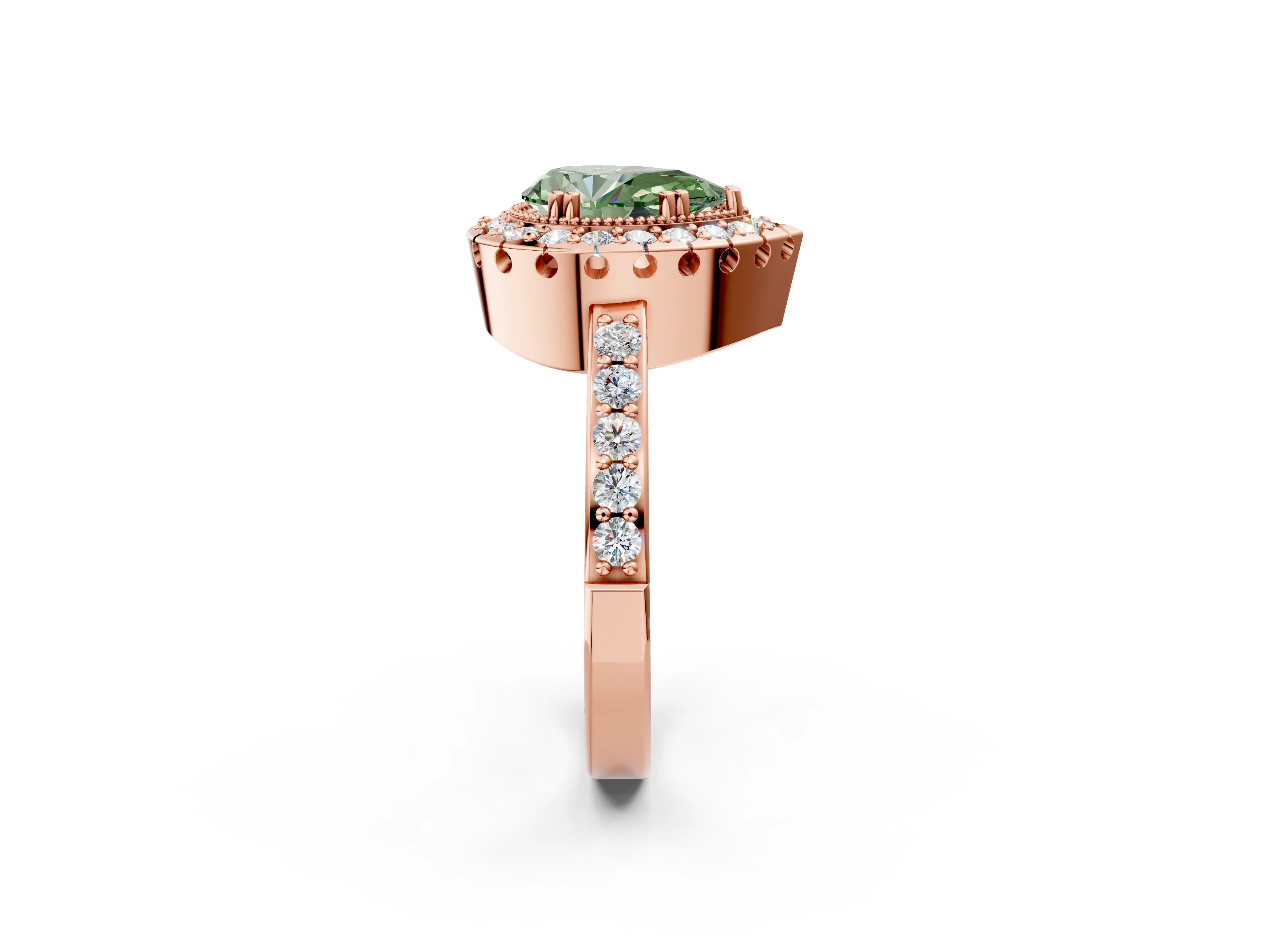Rose gold Fancy Green Pear Cut Diamond Halo Ring with Pavé Band and Prong Setting_2