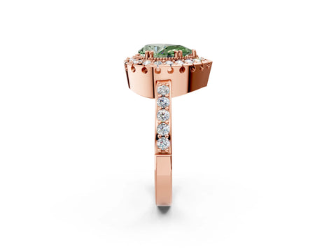 Rose gold Fancy Green Pear Cut Diamond Halo Ring with Pavé Band and Prong Setting_2
