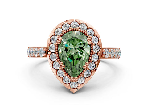 Rose gold Fancy Green Pear Cut Diamond Halo Ring with Pavé Band and Prong Setting