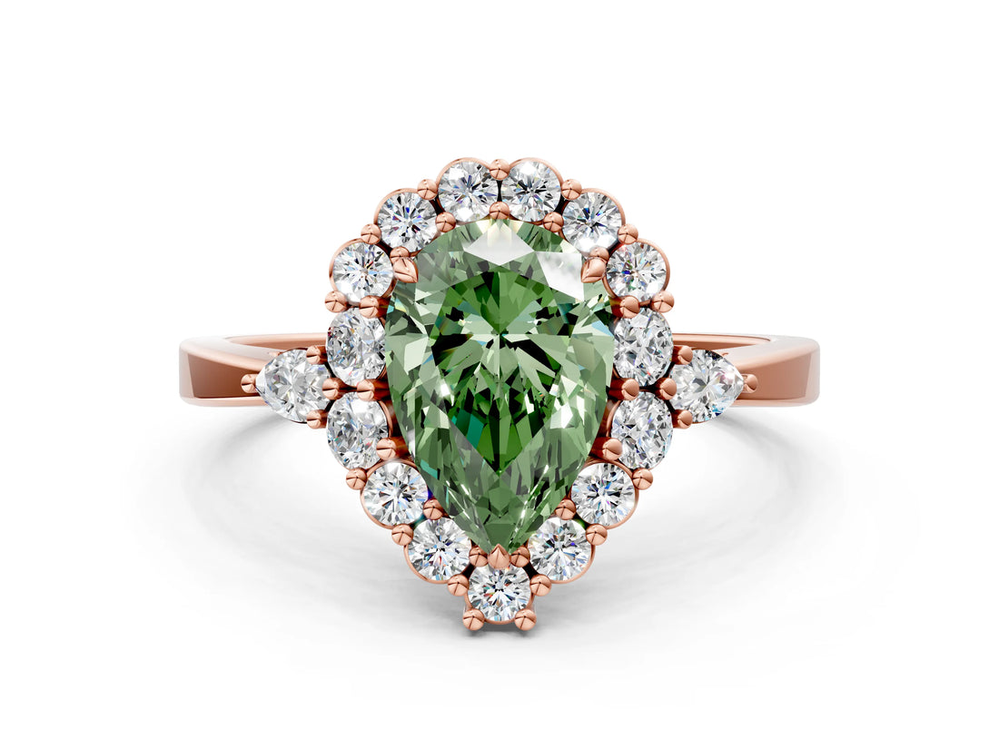 Rose gold Fancy Green Pear Cut Diamond Halo Ring with Pear Side Stones and Prong Setting_67