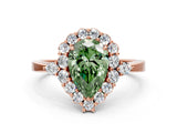 Rose gold Fancy Green Pear Cut Diamond Halo Ring with Pear Side Stones and Prong Setting_67